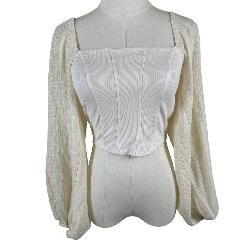 Urban Outfitters Corset Top Womens M Ivory Ribbed Balloon Long Sleeve Boho Fairy